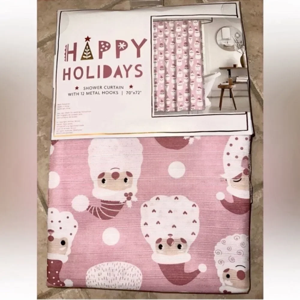 New Pink Santa Shower Curtain with Shower Hooks